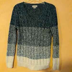 Block Stripe Dark Teal and White V Neck